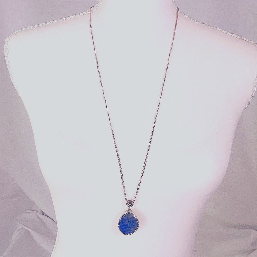 Vintage Lapis Lazuli Teardrop Pendant Necklace Long Chain Blue Gold Fleck Boho - Picture 2 of 16